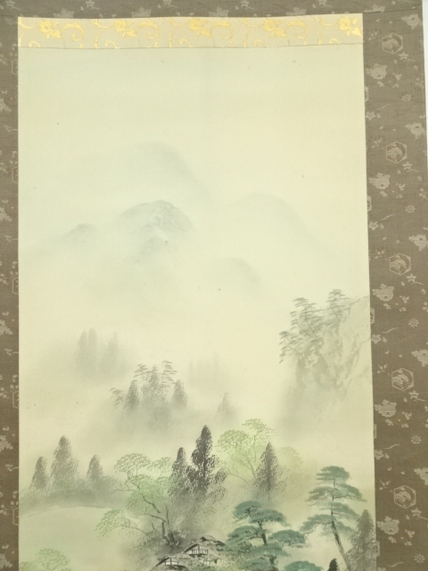 道具 ] - 道具 金子春雪筆 彩色山水 肉筆絹本掛軸（共箱